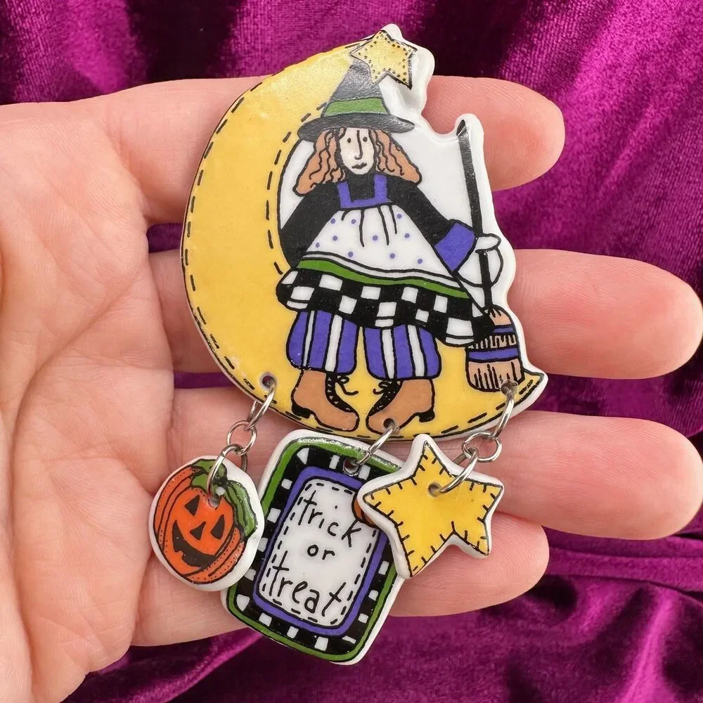 Vintage Halloween Brooch Pin Cute Witch on Moon Trick or Treat Pumpkin Star